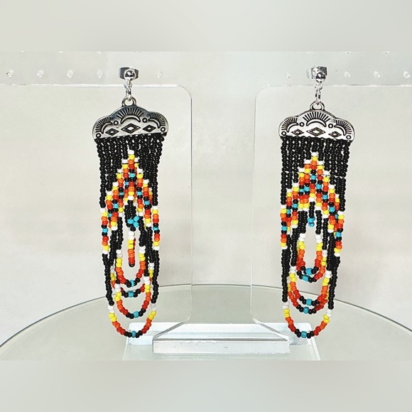 Southwestern Seed Bead Tassel Earrings Hand Crafted Sterling Silver Hardware - Picture 3 of 6